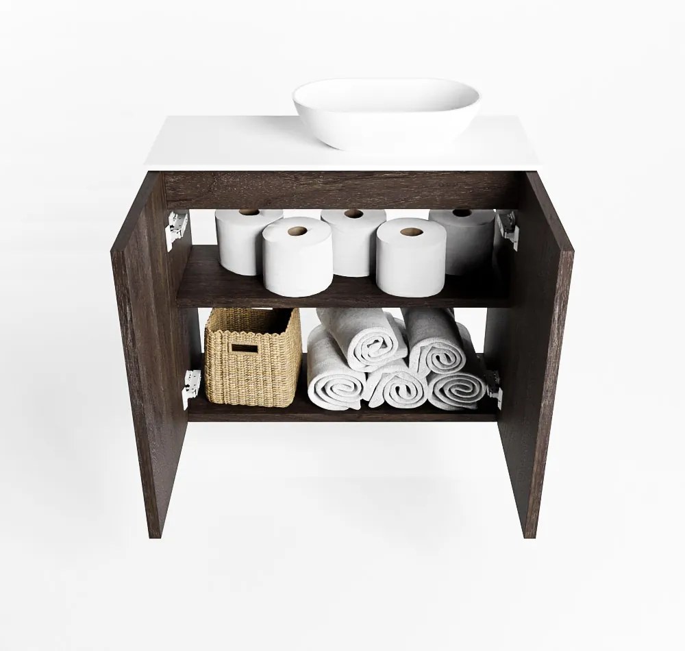 Mondiaz Fowy toiletmeubel 60cm dark brown met witte waskom rechts en kraangat