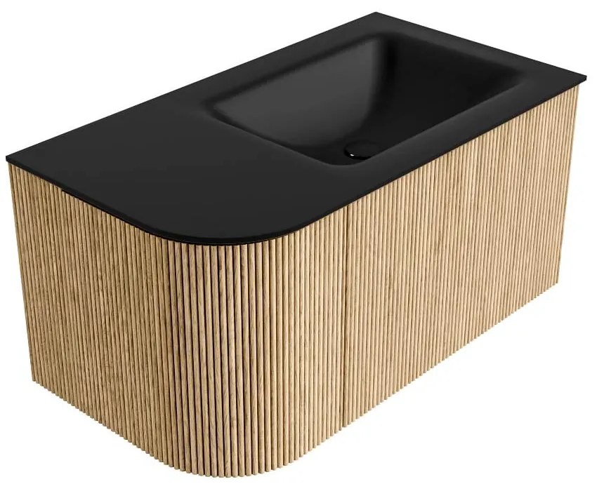 Mondiaz Kurve 85cm badmeubel ronding links oak met 1 lade en deur en wastafel cloud kraangat rechts urban