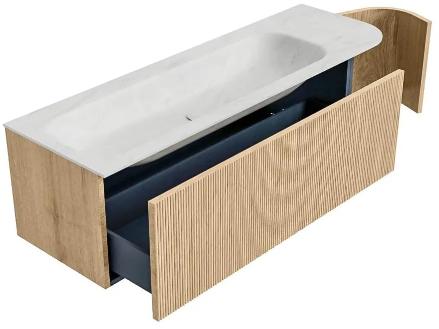 Mondiaz Kurve-dlux 145cm badmeubel ronding rechts oak met 1 lade en deur en wastafel big large links 2 kraangaten opalo