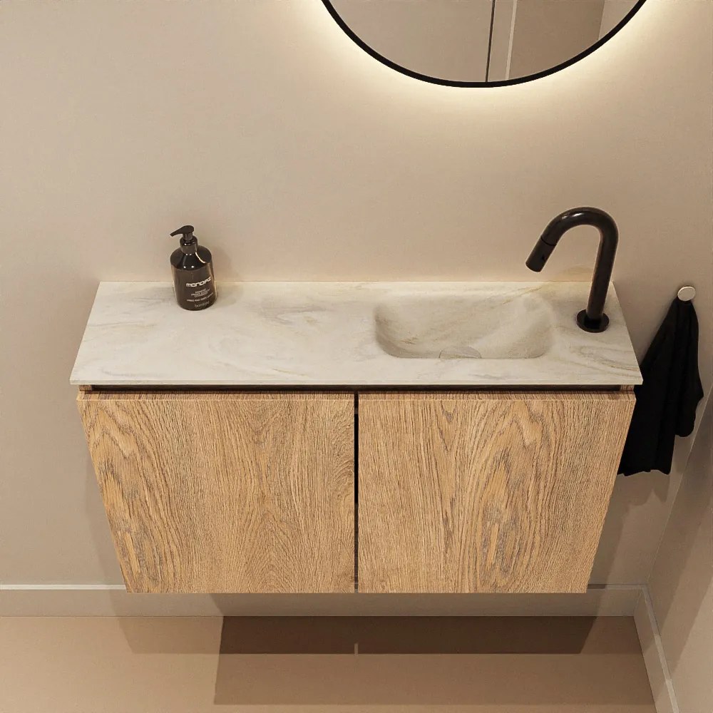 Mondiaz Ture DLux toiletmeubel 80cm washed oak met wastafel ostra rechts met kraangat