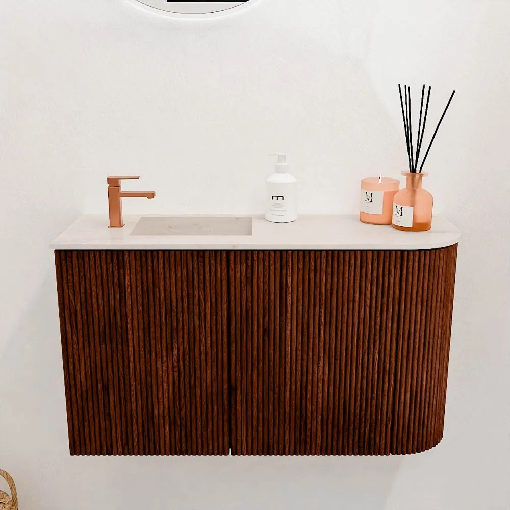 Mondiaz Joya DLux 70cm toiletmeubel ronding rechts ruby met wastafel faye links 1 kraangat meli