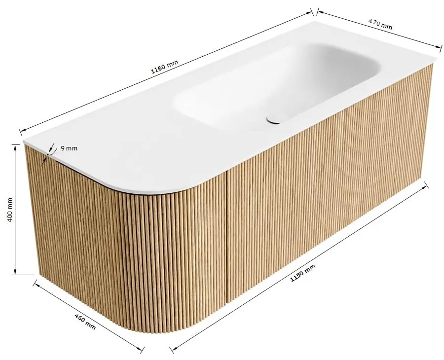 Mondiaz Kurve 115cm badmeubel ronding links oak met 1 lade en deur en wastafel big small rechts zonder kraangat urban