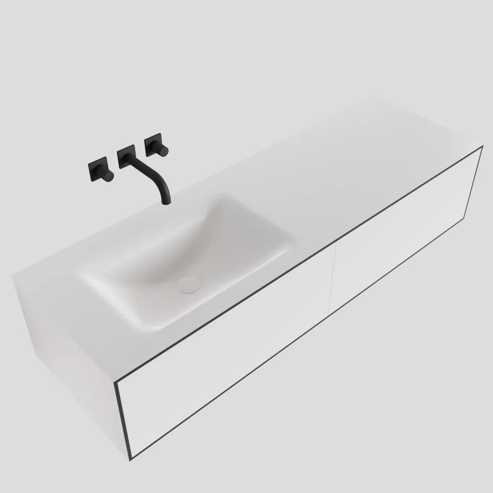 Zaro Lagom volledig naadloos solid surface onderkast 140cm mat zwart met 2 lades Push tot open. Compleet met solid surface wastafel met 0 kraangat(en)