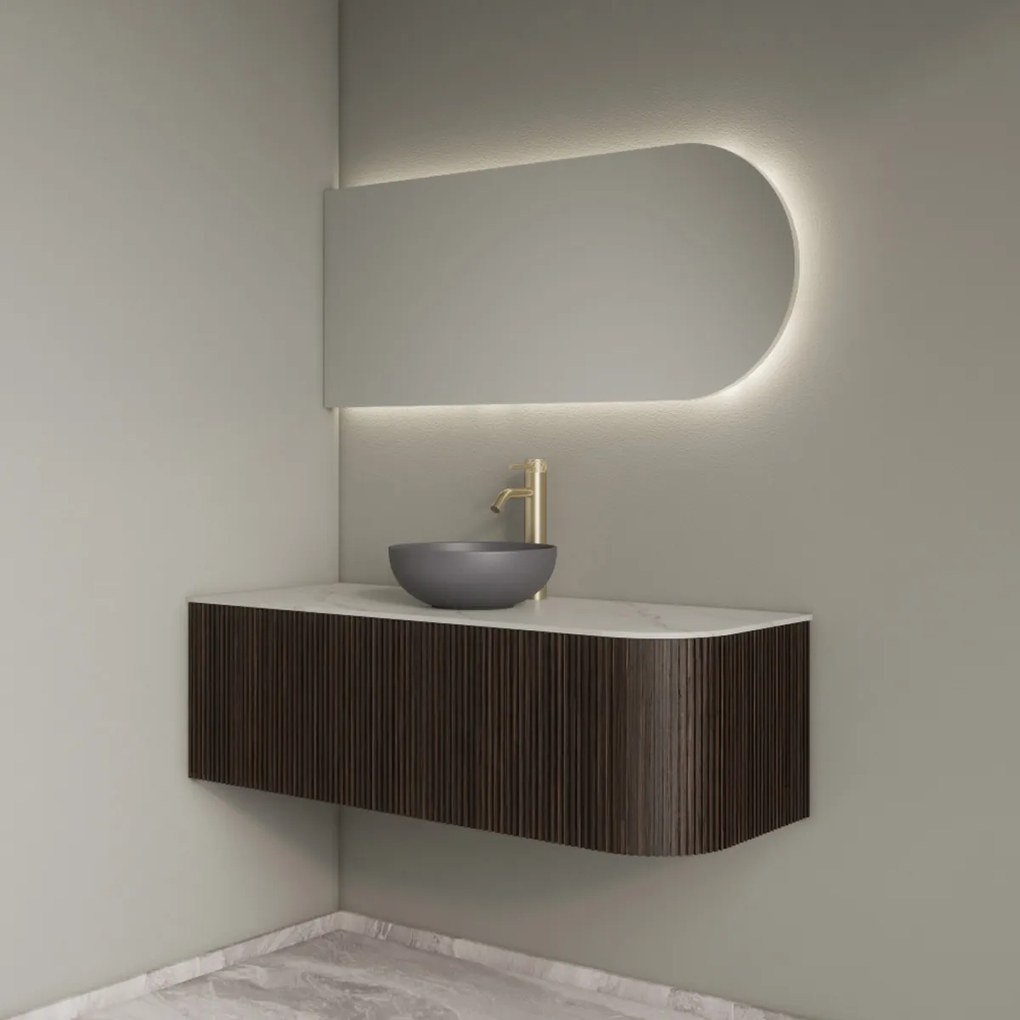 Gliss Design Alluro badmeubel ribbelfront met ronding rechts 120cm ebony en wit marmer toppaneel