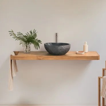 Conjunto Van Meubel 130x45 Cm Hangend In Teakhout Neill Teakhout & Spiegelloze & Geborsteld Grijs ↑30 Cm Met Aftapkraan Zonder Overloop Alameda & Onre