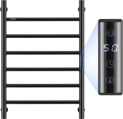 VEVOR Handdoekdroger Radiator Handdoekverwarmer, Verwarmde handdoekradiator met 6 stangen, Waterdichte handdoekverwarmer met timer en LED-display, 5 instelbare temperatuurniveaus, Wandmontage, Zwart