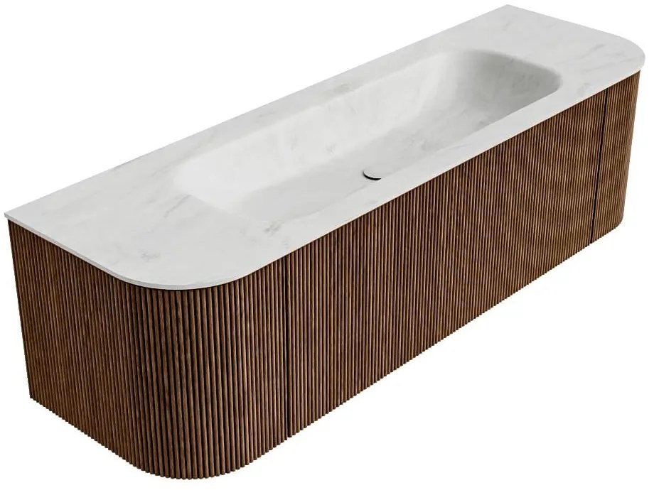 Mondiaz Kurve-dlux 150cm badmeubel ronding links/rechts walnut met 1 lade en 2 deuren en wastafel big medium midden zonder kraangat opalo