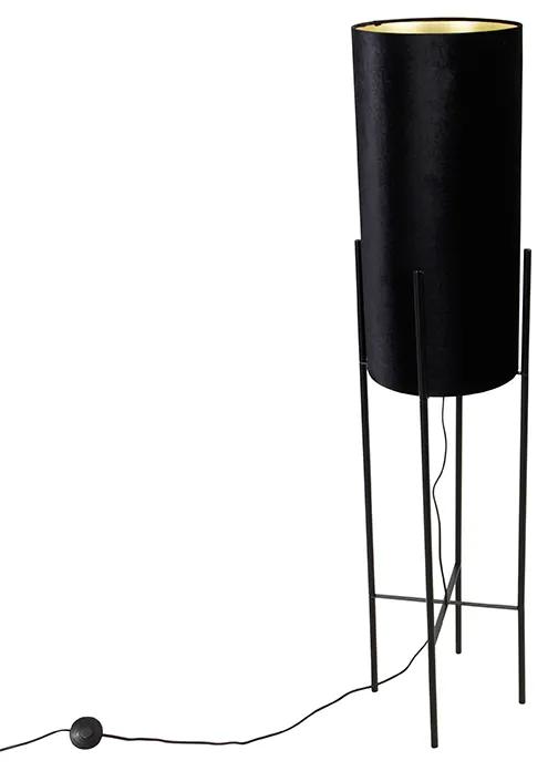 Stoffen Moderne vloerlamp zwart met velours zwarte kap - Rich Modern E27 cilinder / rond Binnenverlichting Lamp