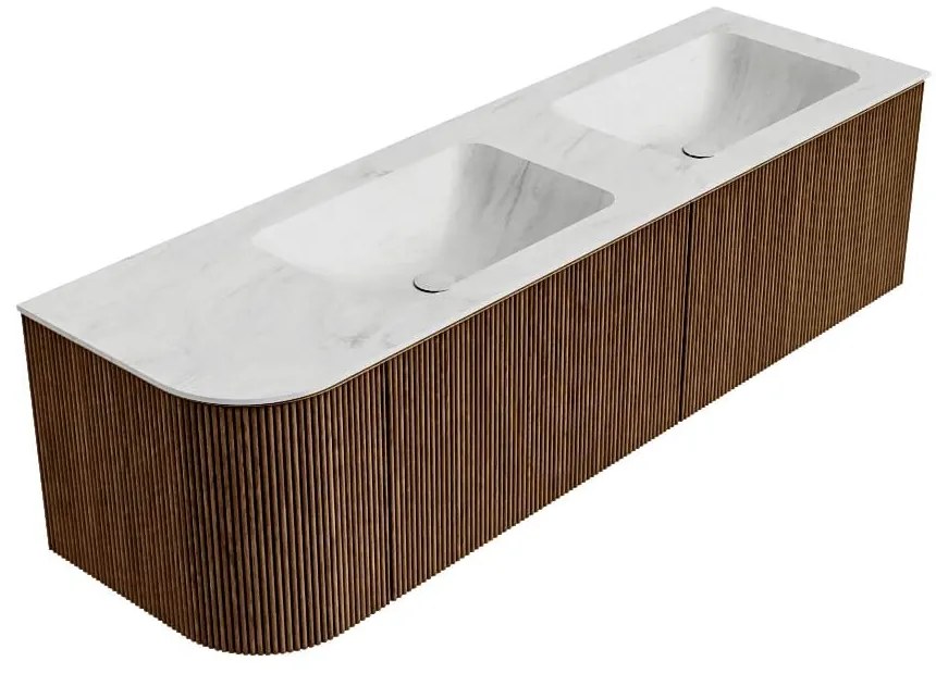 Mondiaz Kurve-dlux 155cm badmeubel ronding links walnut met 2 lades en 1 deur en wastafel leaf dubbel/rechts 2 kraangaten opalo