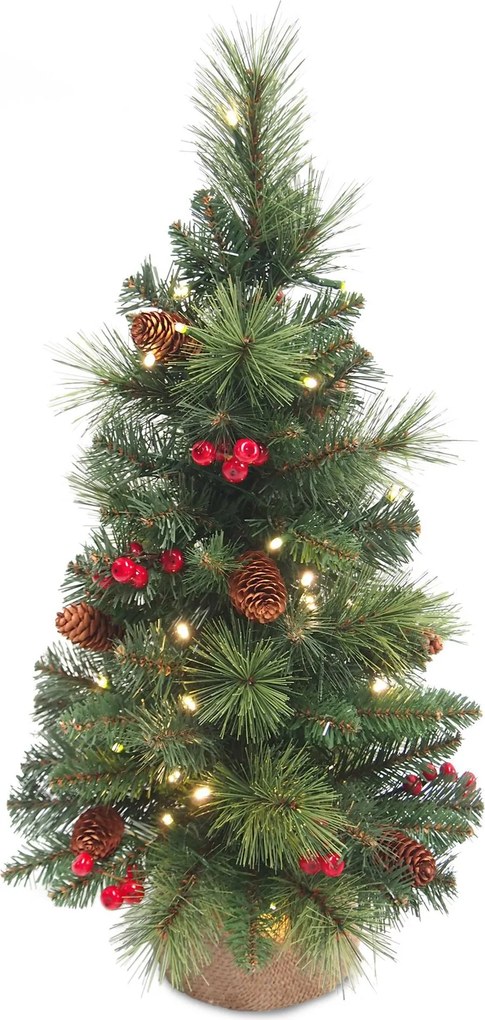 Everyday Miniature Pine cone &amp; Berry tree verlichte tafelkerstboom - 81 cm - Groen - Diameter 46 cm - 100 tips - 50 ledlampjes (warm wit) - Gedecoreerd - Jute zak