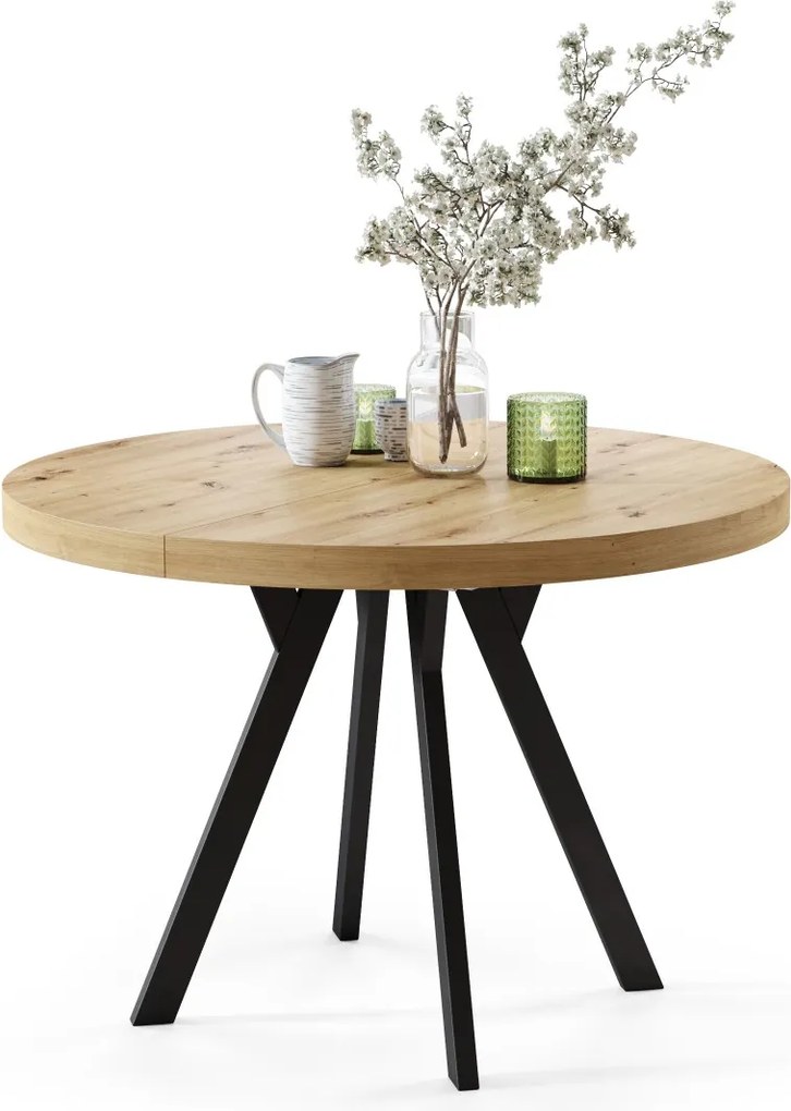 EXPANSO Eik Artisan/zwarte poten - GROTE RONDE TAFEL Ø110 UITBREIDBAAR TOT 310 cm met Y-POTEN LOFT/INDUSTRIAL