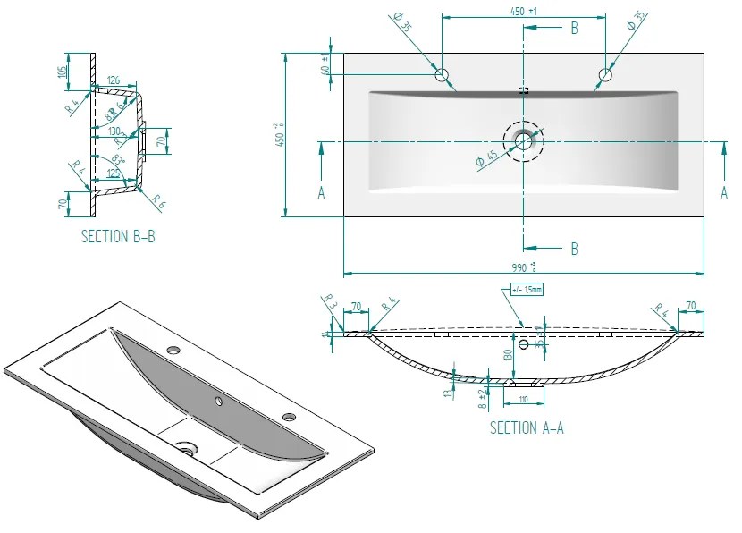 Sanicare Q4 mineraalmarmeren wastafel 99.2x45cm met 2 kraangaten wit