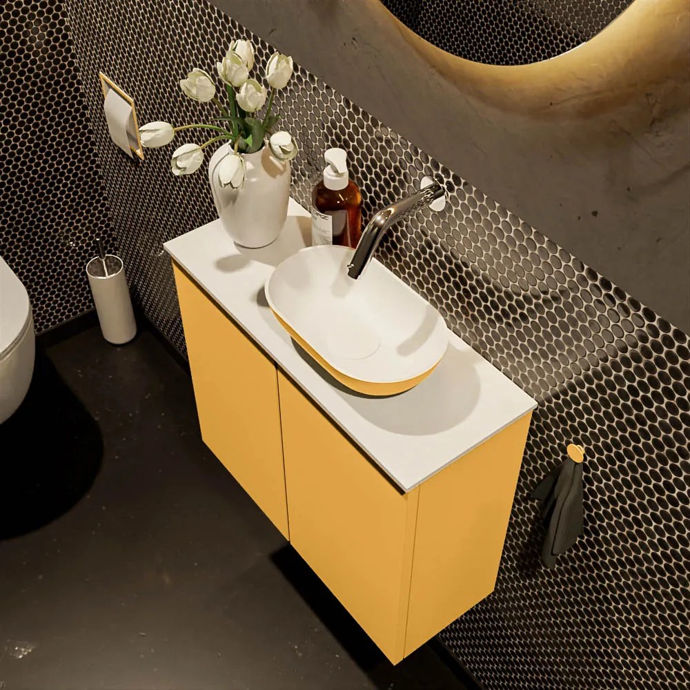 Mondiaz Fowy toiletmeubel 60cm ocher met gele waskom rechts zonder kraangat