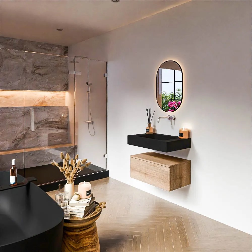 Zaro Alan badmeubel 70cm washed oak 1 lade met vrijhangende wastafel cloud midden zonder kraangat urban