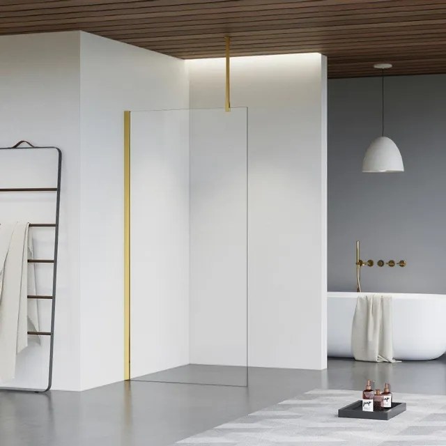 Fortifura Galeria inloopdouche - 50x200cm - helder glas - plafondarm - Geborsteld Messing PVD (Goud) SW797919/SW797910/SW804543