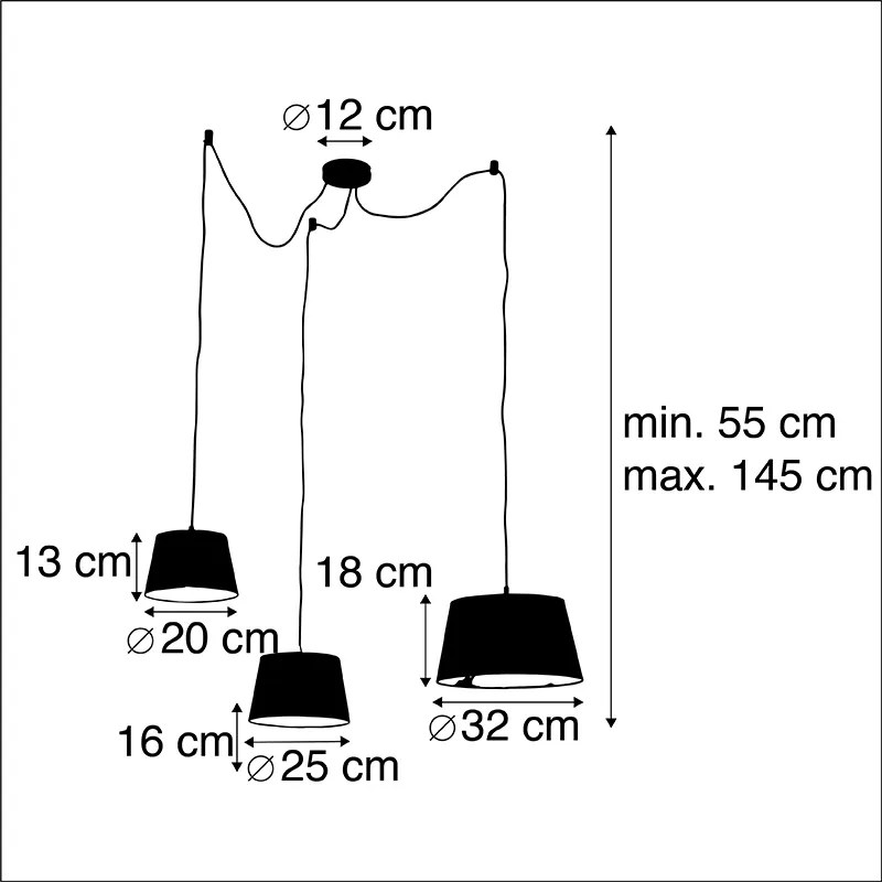 Hanglamp met 3 katoenen kappen zwart met goud - Cava