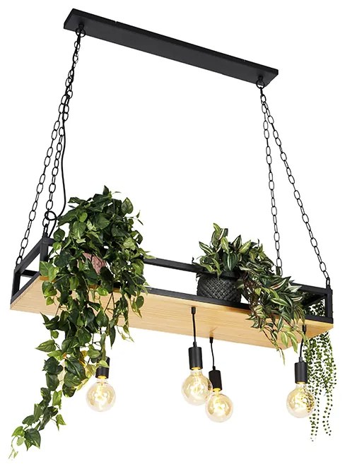 Eettafel / Eetkamer Industriële hanglamp zwart met houten 5-lichts - Shelf Industriele / Industrie / Industrial E27 Binnenverlichting Lamp