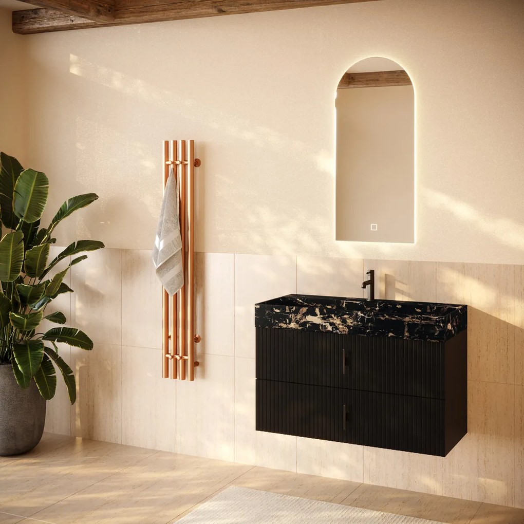 Muebles Murcia badmeubel ribbelfront 100cm zwart mat met Portoro Gold wastafel met kraangat