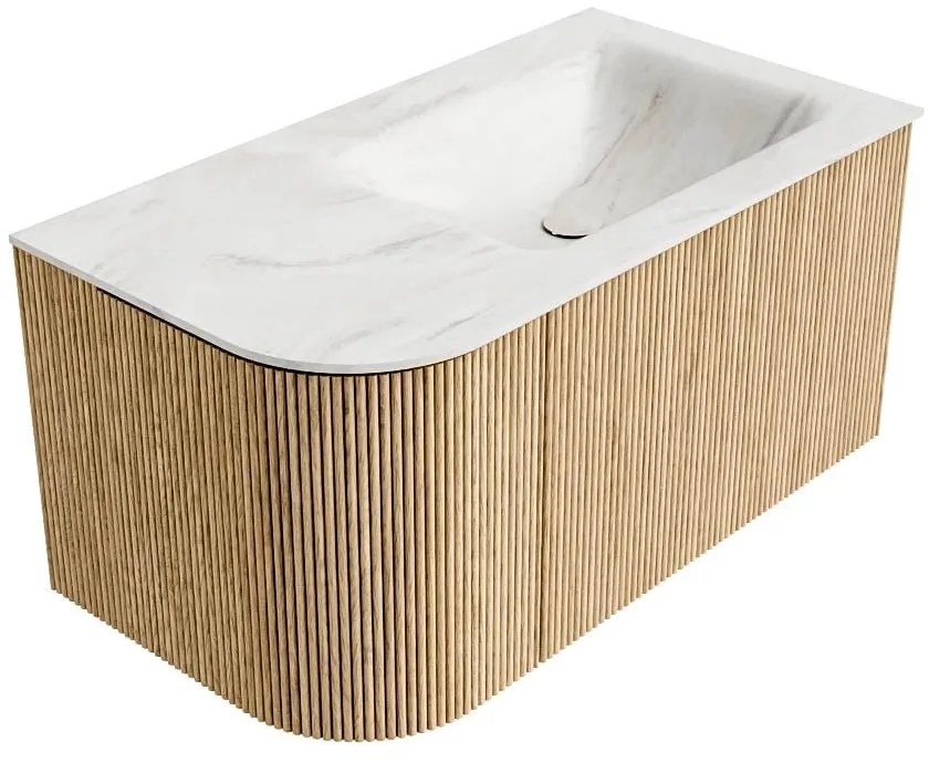Mondiaz Kurve-dlux 85cm badmeubel ronding links oak met 1 lade en deur en wastafel cloud rechts zonder kraangat ostra
