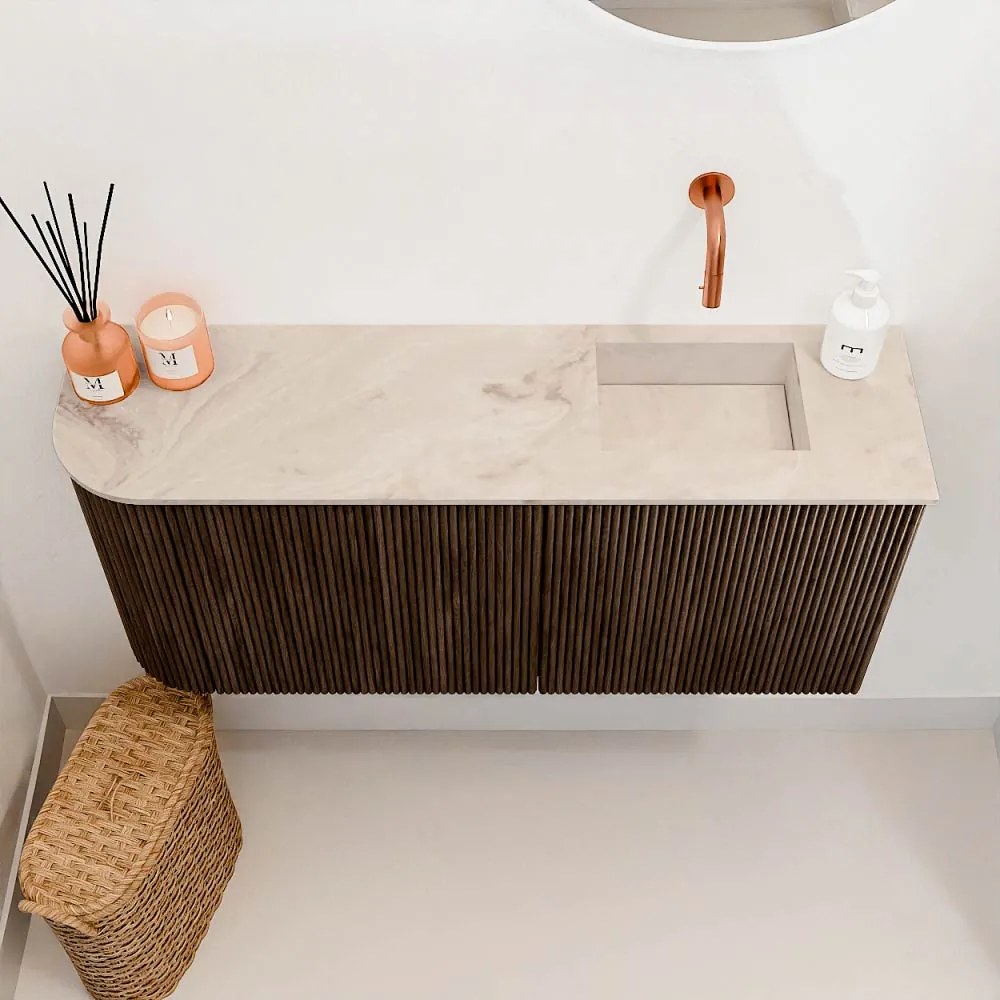 Mondiaz Joya DLux 90cm toiletmeubel ronding links walnut met wastafel faye rechts zonder kraangat frappe
