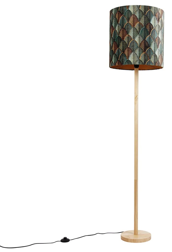 Vloerlamp hout met velours lampenkap blad dessin met gouden binnenkant - Mels