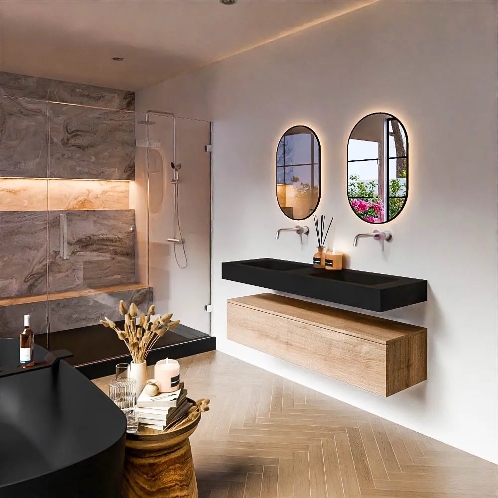 Zaro Alan badmeubel 140cm washed oak 1 lade met vrijhangende wastafel cloud dubbel zonder kraangat urban