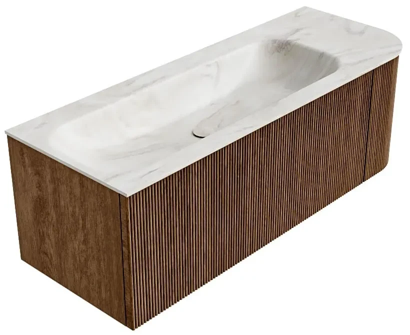Mondiaz Kurve-dlux 125cm badmeubel ronding rechts walnut met 1 lade en deur en wastafel big medium kraangat links ostra