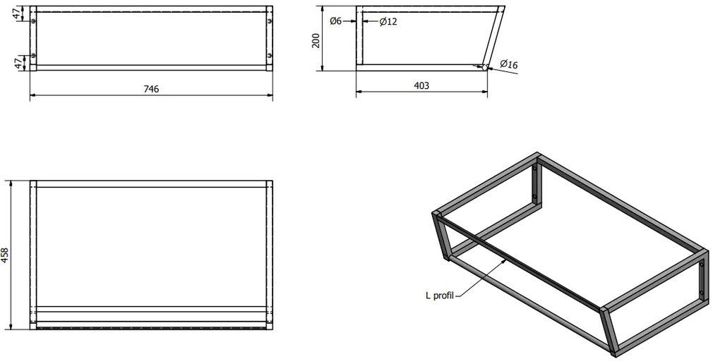 Sapho Industrial wastafel frame mat zwart 75cm