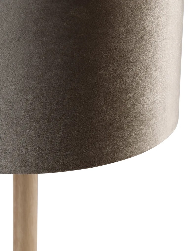 Tafellamp hout met velours kap taupe 35cm - Mels Landelijk, Klassiek / Antiek E27 rond Binnenverlichting Lamp