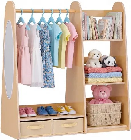 VEVOR Kinderkledingkast 98,5x40x106 cm, Kinderkledingkast met spiegel, kledingstang en planken, Verkleedkast met 2 stoffen lades voor meisjes, Kinderkledingkast voor verkleedpartijen, Slaapkamer, Natuurlijk hout