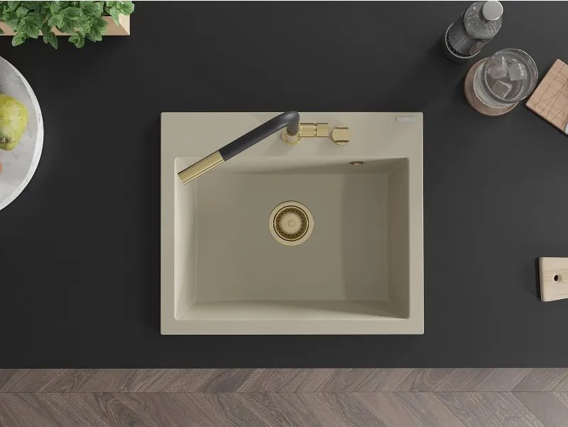 Mexen Oscar granitische spoelbak 1-komerig 580 x 490 mm, beige, gouden sifon - 6519581000-69-G