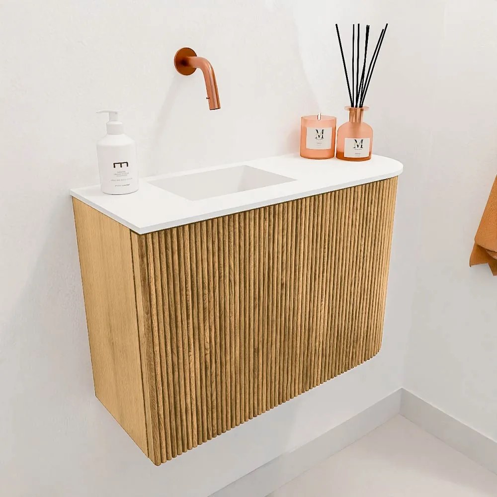 Mondiaz Joya 60cm toiletmeubel ronding rechts oak met wastafel faye links zonder kraangat talc