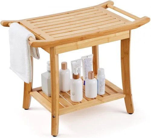 VEVOR Bamboe Douchebank, 61 x 35 x 48 cm, Waterdichte Douchekruk met Opberggreep, Draagvermogen 136 kg, Spa Badzitje Organizer, Voor Volwassenen, Senioren, Vrouwen, Ouderen, Binnen en Buiten