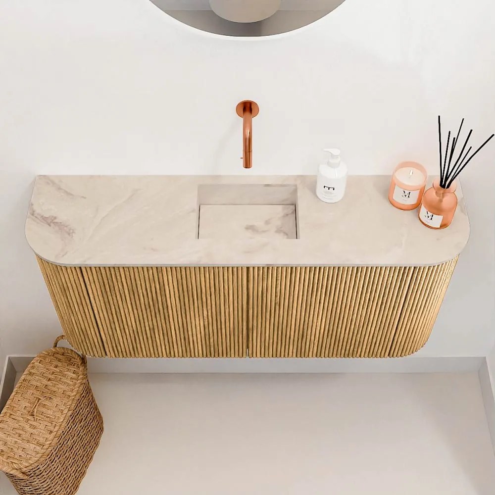 Mondiaz Joya DLux 95cm toiletmeubel ronding links/rechts oak met wastafel faye midden zonder kraangat frappe