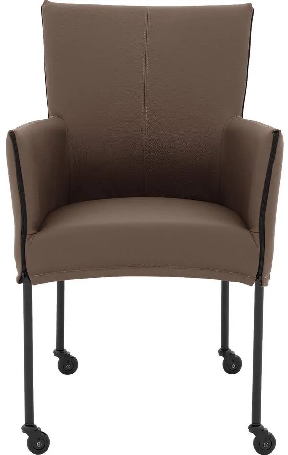 Goossens Eetkamerstoel Funk Zwarte Poten bruin leer met armleuning en Zwart skater wiel met zwarte kapmet wielen, modern design