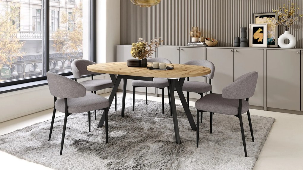 ALMO Eiken Artisan/Zwarte poten - RONDE LOFT/INDUSTRIËLE TAFEL VOOR WOONKAMER/EETKAMER, UITSCHUIFBAAR