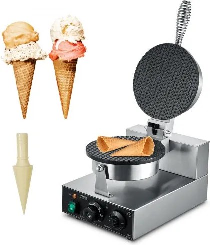 VEVOR Elektrische ijshoornmachine Commerciële wafelhoornmaker 1230W, antiaanbaklaag loempiavorm, met temperatuur- en tijdregeling, handvat, voor restaurant, bakkerij, snackbar, familie