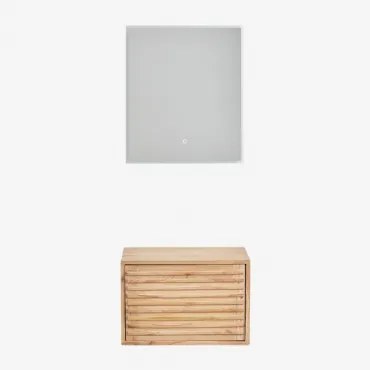Deleyna Wandgemonteerde Houten Badkamermeubelset Natuurlijk Hout & Without Sink & Rechthoekige Led En Anticondens 60x70 Cm Tamsin & Zonder Kraan -
