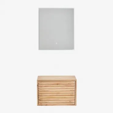Hangend Badkamermeubelset 60x45 Cm In Hout Deleyna Natuurlijk Hout & Zonder Wastafel & Rechthoekige Led En Anticondens 60x70 Cm Riben & Zonder Kraan -