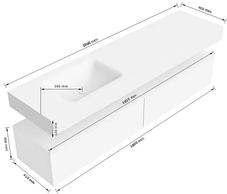 Zaro Alan badmeubel 180cm sand 2 lades met vrijhangende wastafel cloud links 1 kraangat urban
