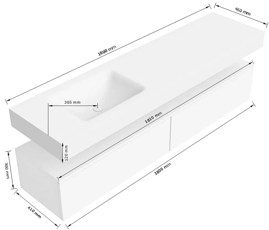 Zaro Alan badmeubel 180cm urban 2 lades met vrijhangende wastafel cloud links 1 kraangat urban