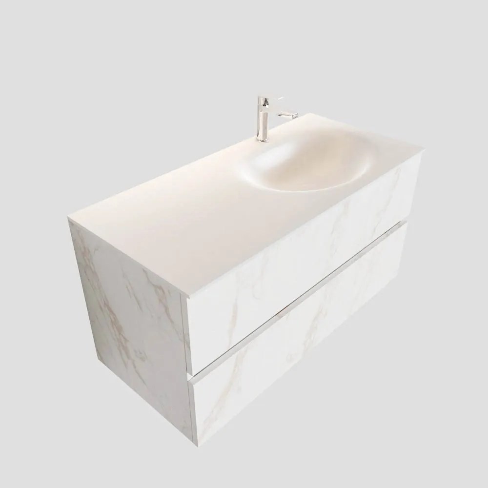 Zaro Sevilla Solid Surface badmeubel 100cm wit marmer 1 kraangat spoelbak rechts met 2 lades