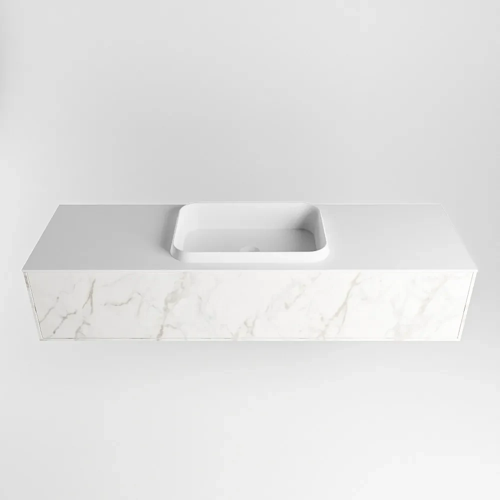 Mondiaz Erin 150cm badmeubel Carrara met 1 lade en witte wastafel midden 1 kraangat