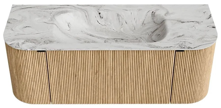 Mondiaz Kurve-dlux 120cm badmeubel ronding links/rechts oak met 1 lade en 2 deuren en wastafel big small midden 1 kraangat glace