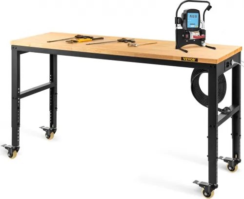 VEVOR werkbank, in hoogte verstelbaar, 154,9 x 50,8 cm, garagetafel met een hoogte van 79,5 cm – 104,9 cm en een draagvermogen van 725,7 kg, stopcontacten, hardhouten blad, metalen frame en wielen, voor werkplaats en kantoor.
