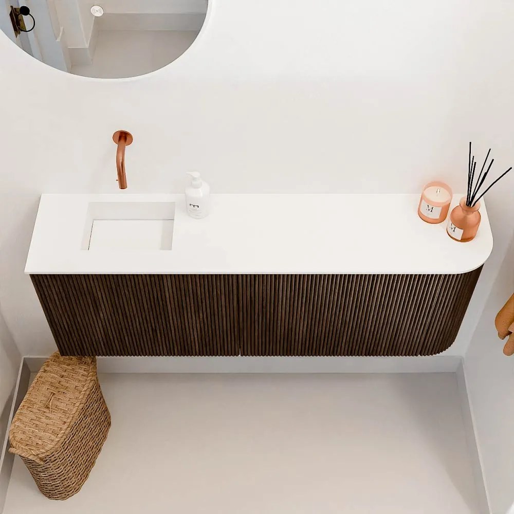 Mondiaz Joya 110cm toiletmeubel ronding rechts walnut met wastafel faye links zonder kraangat talc