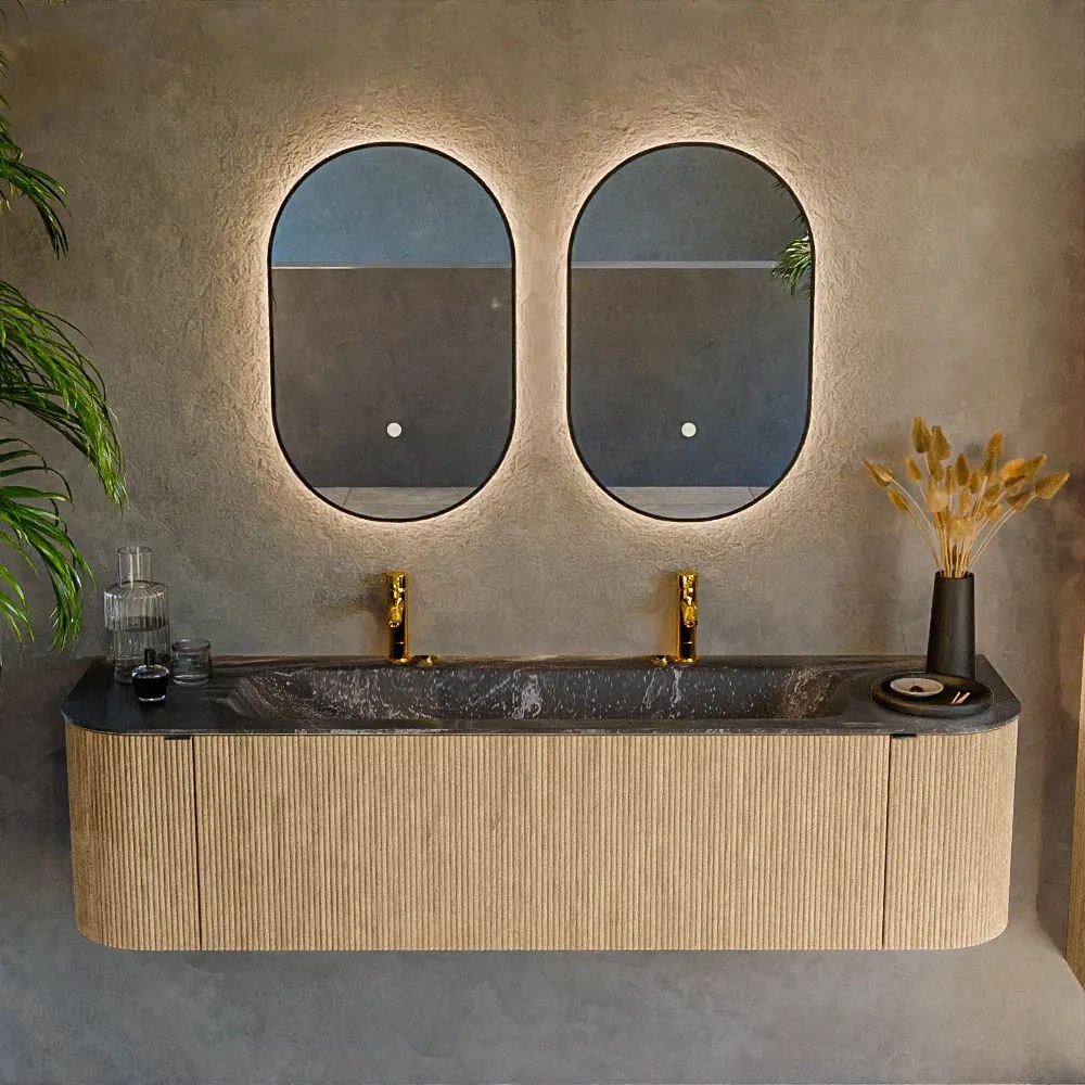 Mondiaz Kurve-dlux 170cm badmeubel ronding links/rechts oak met 1 lade en 2 deuren en wastafel big large midden 2 kraangaten lava