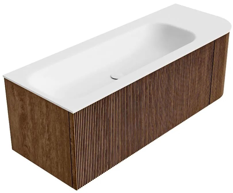Mondiaz Kurve 125cm badmeubel ronding rechts walnut met 1 lade en deur en wastafel big medium links zonder kraangat