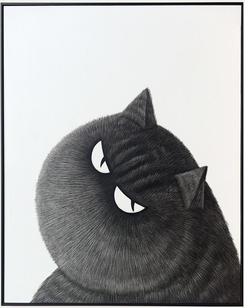 Fine Asianliving Olieverf Schilderij 100% Handgeschilderd 3D met Reliëf Effect en Zwarte Omlijsting 100x80cm Zwarte Kat