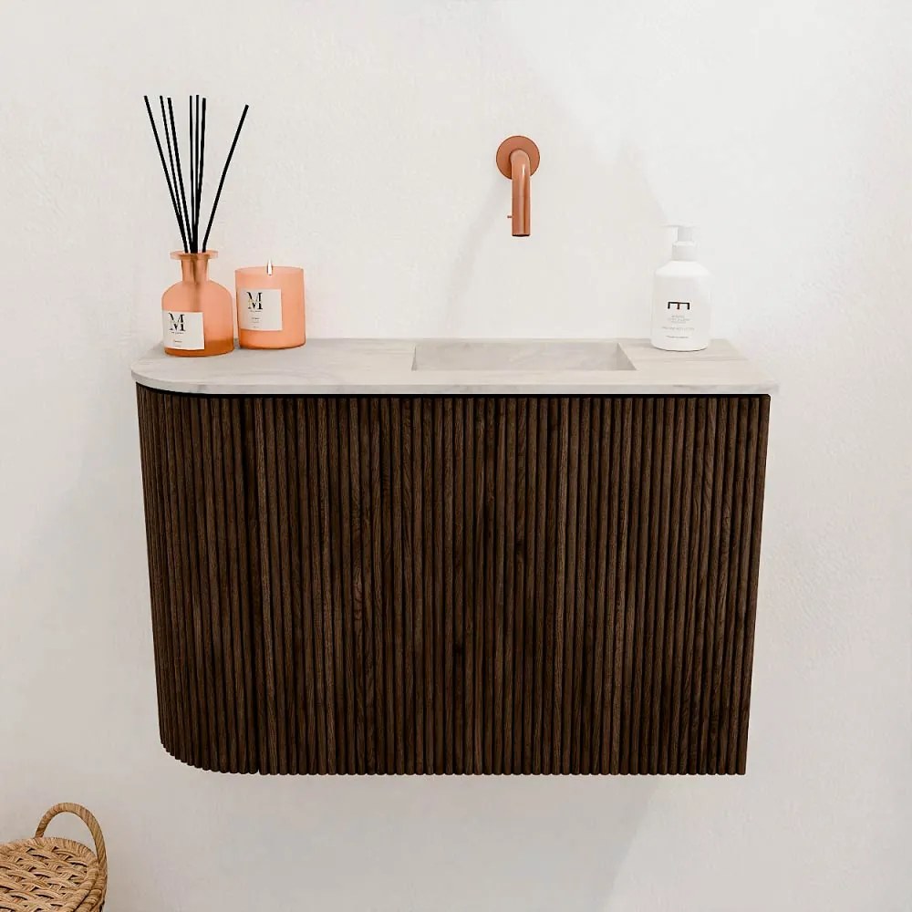 Mondiaz Joya DLux 60cm toiletmeubel ronding links walnut met wastafel faye rechts zonder kraangat ostra